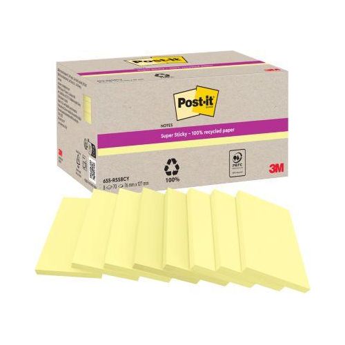 Post-it Super Sticky Recycling Notes 655-RSS8CY, 76x76 mm, extra starke Haftung für Wände/Türen, 100% Recyclingpapier, PEFC RECYCELT, lösungsmittelfreier Klebstoff
