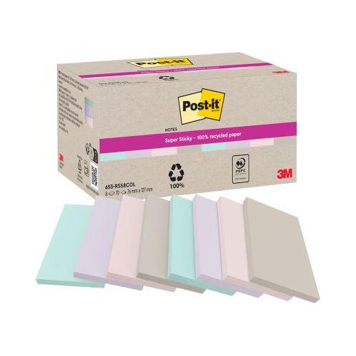 Post-it Super Sticky Recycling Notes 655-RSS8COL farbig, 127 x 76 mm, doppelt starke Haftung für Wände/Türen, 100% Recyclingpapier, PEFC RECYCELT, lösungsmittelfreier Klebstoff