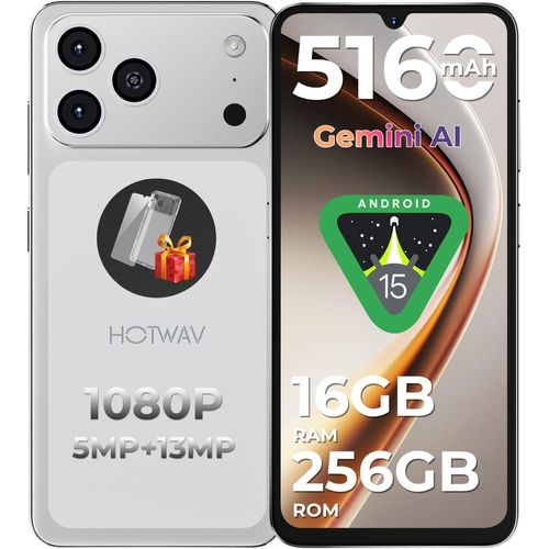 HOTWAV A17 Pro Max 2026 Handy ohne vertrag 6,75" HD+, 16GB+256GB/1TB TF Android 15 Smartphone, 5160mAh Dual SIM 4G Handys,Gemini AI/GPS/OTG, Silber