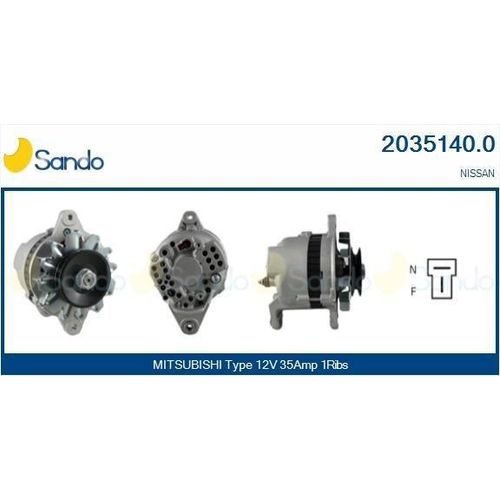 SANDO 2035140.0 Lichtmaschine Generator LiMa 35A 12V für NISSAN DATSUN 100 A (E10, BLF10) DATSUN 120 DATSUN 120 Y Coupe (KB 210) SUNNY (140Y, 150Y)
