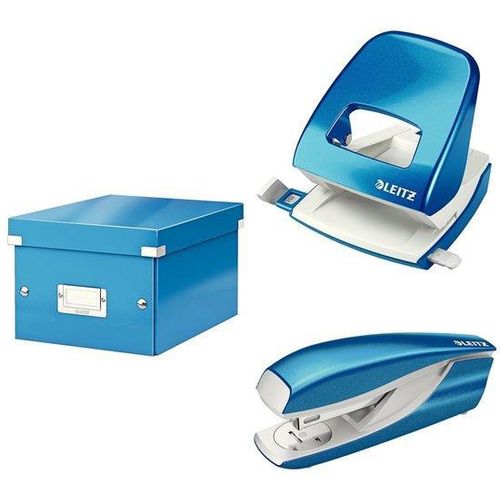 Kleine blaue Dokumentenbox mit Perforator und Heftgerät