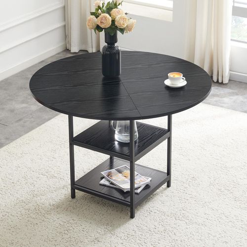 Runder Esstisch 107 cm, Schwarz, mit doppelter Aufbewahrungsebene, 4-6 Personen