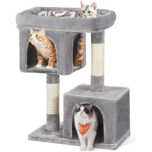 Katzenbaum mit Sisal-überzogenen Kratzstellen und 2 Plüsch-Boxen - Lichtgrau