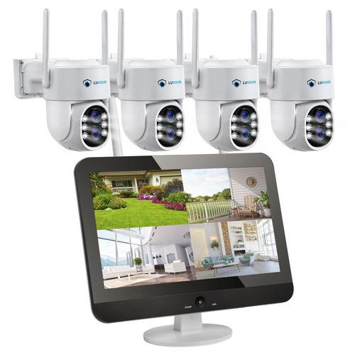LUVISION Dual WLAN PTZ Überwachungssystem mit 12,5" Monitor,Mikrofon, Sirene, Nachtsicht, KI Bewegungsverfolgung 4 Kameras