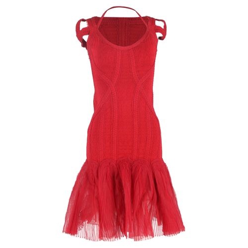 Herve Leger gebreide midi-jurk van tule met bandage in rode viscose