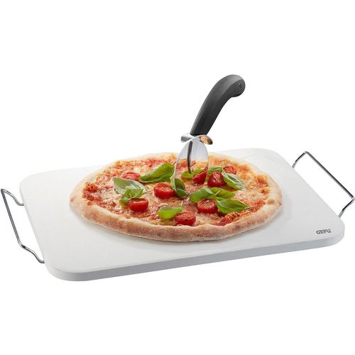 Pizzastein GEFU "Set: Pizzastein DARIOSO mit Gestell + Pizzaschneider + Pizza-Schieber", grau, B:38cm T:30cm, Backbleche