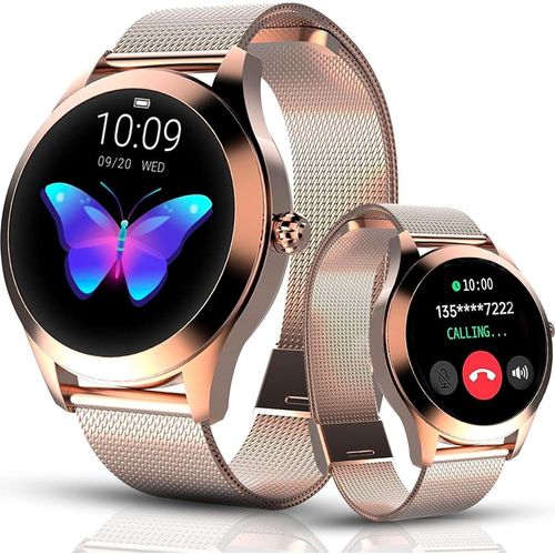 Smartwatch V2 für Frauen mit Telefonfunktion, Sprachassistent|Kleiner runder 1,19" SpO2 Herzfrequenzmonitor Blutdruckmonitor Schlafmonitor Android ioS