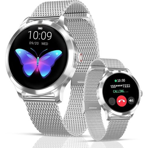 Smartwatch V2 für Frauen mit Telefonfunktion, Sprachassistent|Kleiner runder 1,19" SpO2 Herzfrequenzmonitor Blutdruckmonitor Schlafmonitor Android iOS