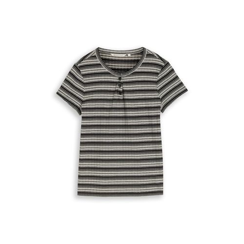 TOM TAILOR DENIM Damen Henley T-Shirt mit Streifenmuster, schwarz, Gestreift, Gr. XXL