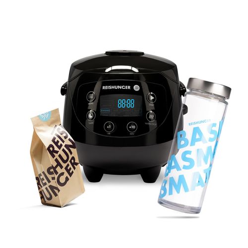 REISHUNGER Digitaler Reiskocher klein, schwarz inkl. Basmati Reisglas & Basmati 600g - 0,6 L bis 3 Personen - Warmhaltefunktion, Timer & Premium Topf