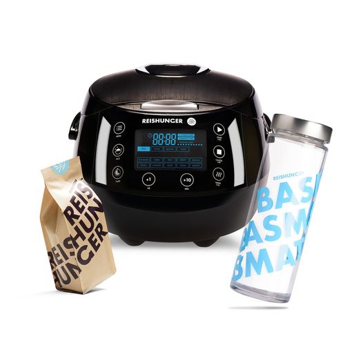 REISHUNGER Digitaler Reiskocher, schwarz inkl. Basmati Reisglas & Basmati 600g - 1,5 L bis zu 8 Portionen - Warmhaltefunktion, Timer & Premium Topf