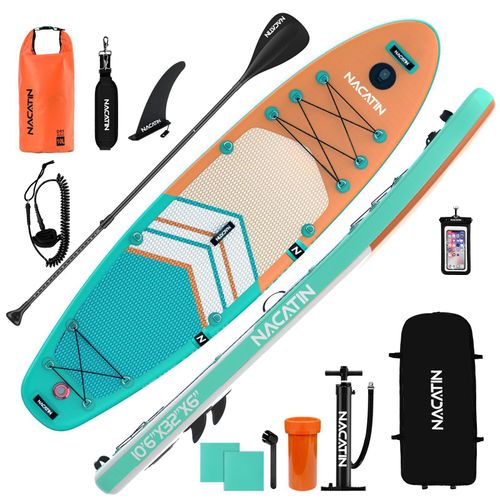 NACATIN Aufblasbares SUP Board 10'6" mit Zubehör, Rucksack, 10L wasserdichter Tasche, Handyhülle & Schultergurt, Hellorange