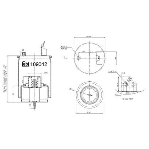 FEBI BILSTEIN Federbalg, Luftfederung 109042 gelenkte Vorlaufachse 197mm für Volvo
