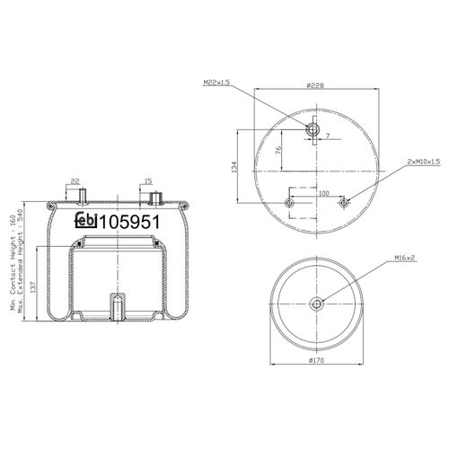 FEBI BILSTEIN Federbalg, Luftfederung 105951 ungelenkte Nachlaufachse 170mm für DAF