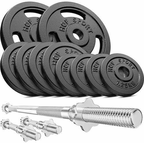 Hop-Sport 39kg Gusseisen Hantel-Set Langhantel Set Langhantelstange Kurzhantelstange 30mm, 1x Langhantel, 2x Kurzhanteln, Gewichte: 2x5kg, 4x2,5kg, 4x 1,25kg