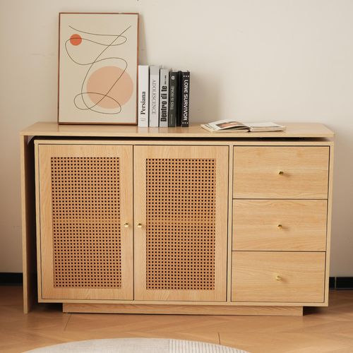 Sweiko Schreibtisch, L-förmiger Ecktisch, Computertisch mit Rattantüren, Frisiertisch, weiß 126 cm