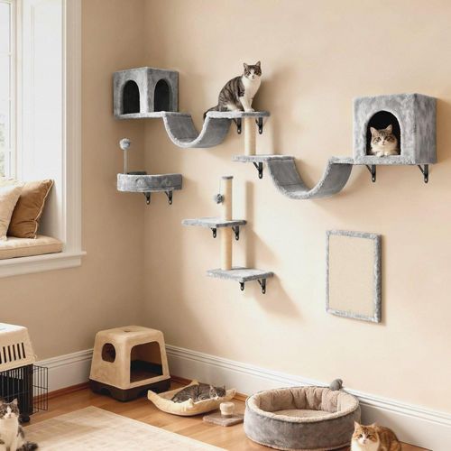 8-teiliges Katzewand-Set, Robustes Plüsch-Kratzmöbel mit Kratzsäule, Katzenhaus, Katzenbrücke, Katzenleiter und Hängeball in Hellgrau