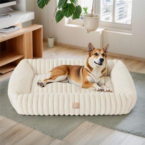 CareCooo Fluffy Hundebett für große Hunde, waschbar und abnehmbar, rechteckig, rutschfest und bequem, Hundekorb, Hundekissen, Hundesofa für große Rassen, weiß, L (92 x 69 x 20 cm)