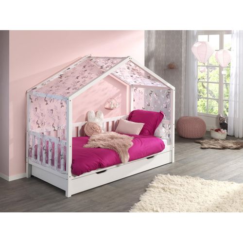 Hausbett Dallas 2 90x200 mit Bettkasten und Voile mit Schmetterlingsmuster - weiß/rosa