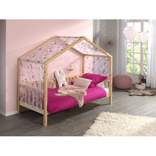 Hausbett Dallas 2 90x200 und Voile mit Schmetterlingsmuster - Kieferholz/rosa