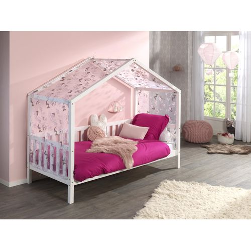 Hausbett Dallas 2 90x200 mit Bettkasten und Voile mit Schmetterlingsmuster - weiß/rosa