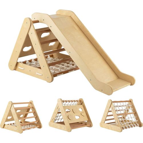 4 IN 1 Kletterdreieck mit Rutsche und Kletternetz, Indoor Klettergerüst, Sprossendreieck zum Rutschen und Klettern Kletterspielzeug, aus Holz für Kinder ab 1 Jahre (Natur)