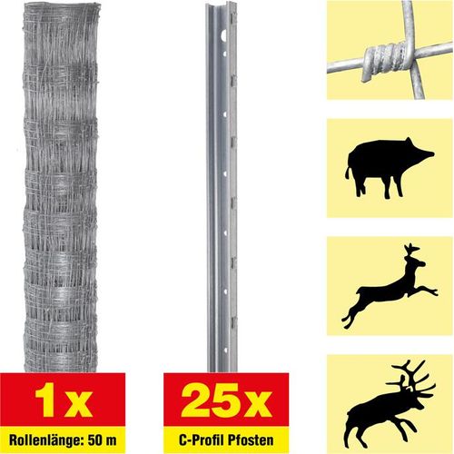 Wildzaun 50 m Set Taurus schwer - Höhe: 140 cm, inkl. 25 Pfosten, Horizontaldrähte: 11