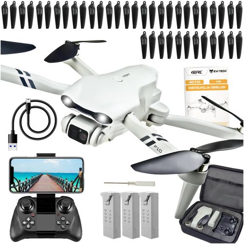 Bürstenlose Drohne mit 2 Kameras, 60 Min. Flugzeit (3 Akkus), 2km Reichweite, GPS-Modi & Koffer, EVI TECH FlyPro10 Profi-Einsteiger Drohne FPV