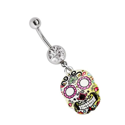 Bauchnabelpiercing ADELIA´S "Piercing Piercing Bauchnabelpiercing", Damen, Gr. onesize, bunt, Chirurgiestahl, Piercings, 316l Stahl Banane - Steinkugel mit Zuckerschädel Totenkopf