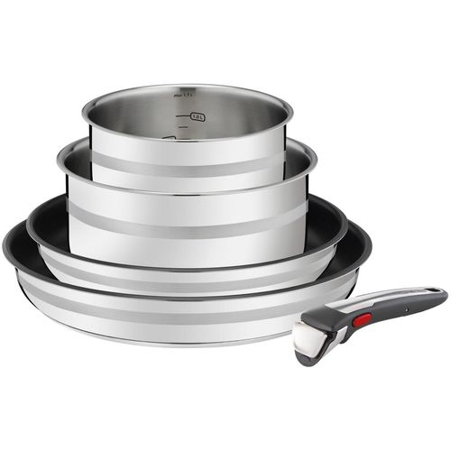 Pfannen-Set TEFAL "Jamie Oliver Ingenio G6, Topf und Pfannenset abnehmbarer Griff", silber (silberfarben), Ø:28cm, Pfannen, stapelbar, platzsparend, einfache Reinigung, Induktion, L97696