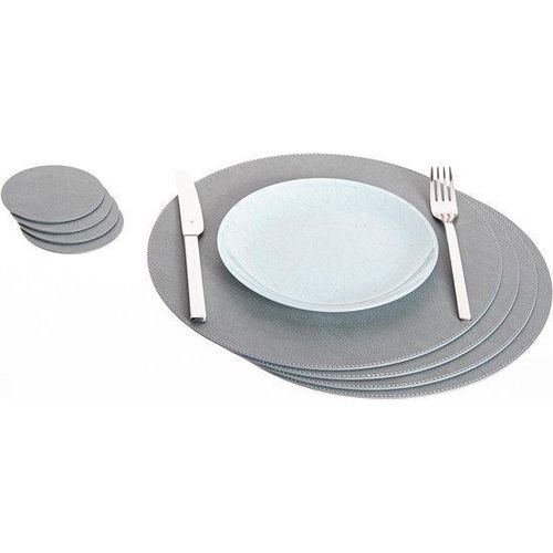 Set aus 4 recycelten Leder runden Tischunterlagen und -fußplatten - Schmutzgrau - 33 cm Tischunterlagen, 10 cm Fußplatten