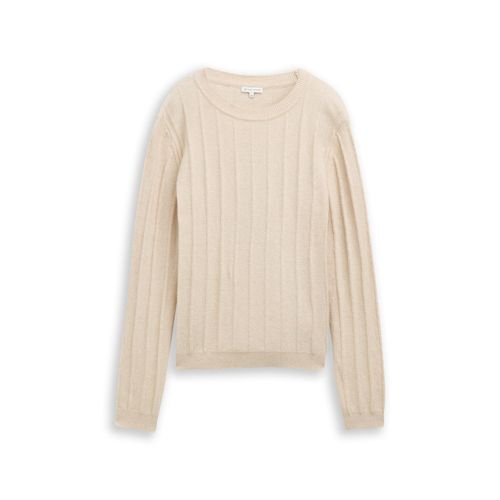TOM TAILOR Damen Rib Strickpullover mit Wollanteil, beige, Meliert, Gr. XL
