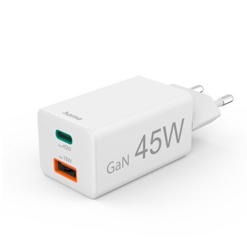 HAMA Schnelllade-Gerät "USB-Ladegerät (Schnellladegerät, Netzteil, 1x USB-C, 1x USB-A, 45 W)", weiß, B:3,4cm H:2,9cm T:5,5cm, Ladegeräte, Schnelllade-Gerät