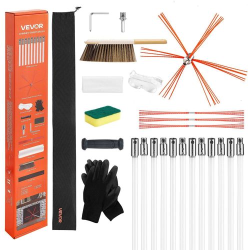 Schornsteinfeger-Set, Schornsteinfeger mit einer maximalen Auszugslänge von 12 m, Schornsteinreinigungsset mit Ersatzborsten und Schutzbrille, um 90° biegbares Kaminreinigungswerkzeug, für quadratische und rechteckige Schornsteine