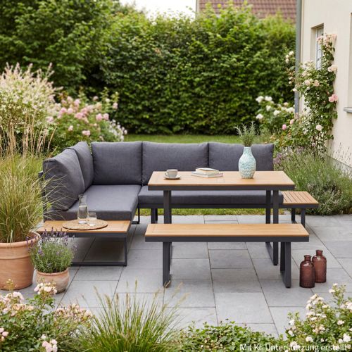 4-teiliges Garten-Loungeset - grau-holzfarben - mit Kissen