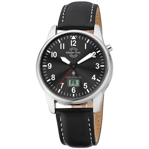 Funkuhr MASTER TIME "Basic", schwarz, Armbanduhren, Herren, Funkuhr, Armbanduhr, Quarzuhr, Herrenuhr, Datum, Lederarmband