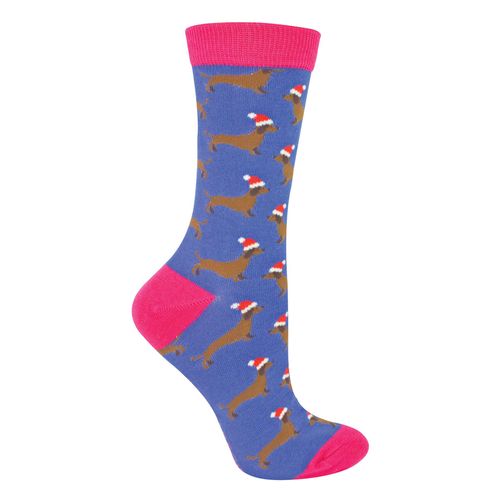 Miss Sparrow - Damen-Weihnachtssocken | Wursthund-Socken - Weihnachtshund (Denim)