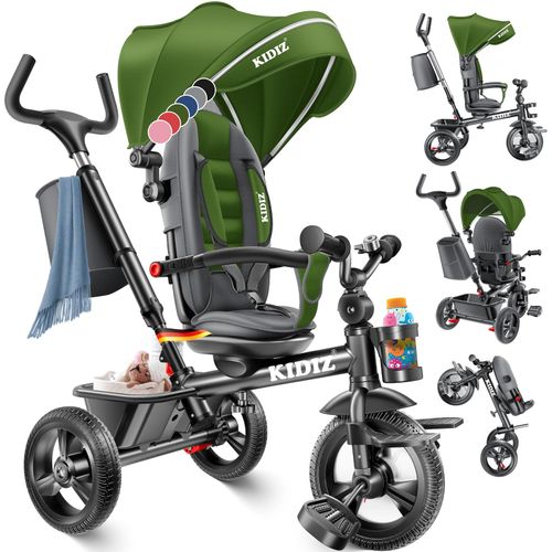 KIDIZ® Dreirad 5in1 Kinderdreirad mit Schubstange Lenksystem Stange ab 1 Jahr vorwärts und Rückwärtsfahrt Jogger , Korb Tasche Getränkehalter Sonnendach Gummiräder, Buggy Fahrrad Baby Klappbar