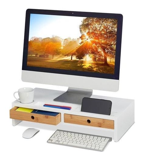 Monitorstand mit Aufbewahrungsraum, 2 Ladeplätzen, 12 x 56 x 27 cm, weiß/Natur, Bambus & MDF