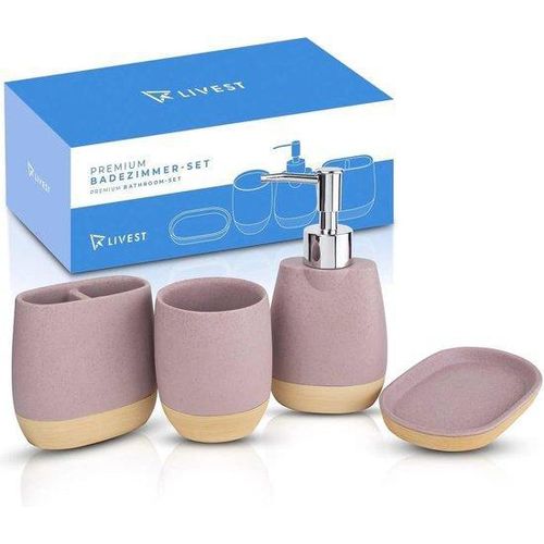 4-teilig Badezimmer-Organizer mit Zahnputzhalter, Seifenabgabegerät, Seifenbehälter, elegante Badezimmereinrichtung aus robustem Polyhartschaum, lila Lavendel