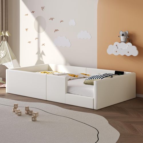 90X200 Gepolstertes Plattformbett mit Schutzgeländer und Ladestation, Weiß