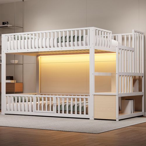 90x200 Etagenbett mit Stauraumleiter, mit LED, Weiß