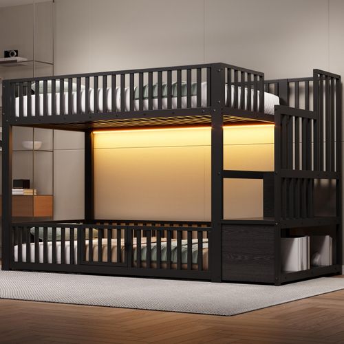 90x200 Etagenbett mit Stauraumleiter, mit LED, Schwarz.
