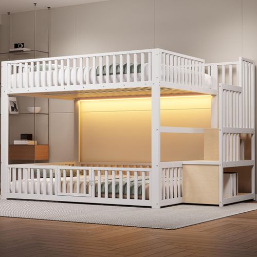 140x200 Etagenbett mit Stauraumleiter, mit LED, Weiß