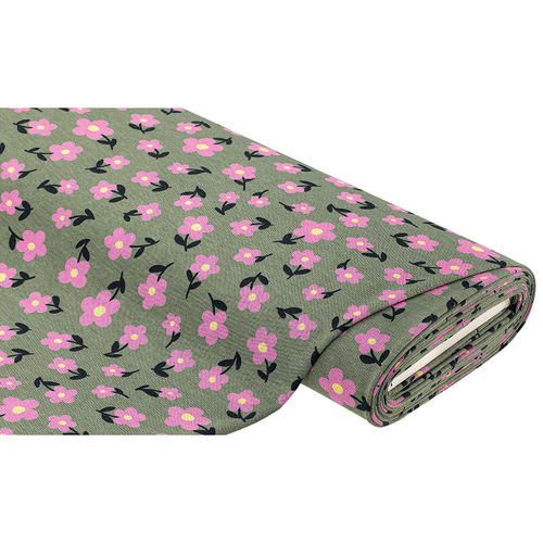 Sweatstoff "Blumen", grün/rosa