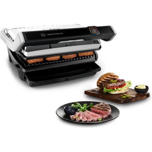 Kontaktgrill TEFAL "OptiGrill Elite XL, spülmaschinengeeignete Platten", schwarz (edelstahlfarben, schwarz), B:37,5cm H:22,9cm T:48,1cm, Kontaktgrill_Standgrill_Tischgrill_Teppanyakigrill, Countdown zum Grillergebnis, Grillboost für Grillstreifen, GC760D, Topseller