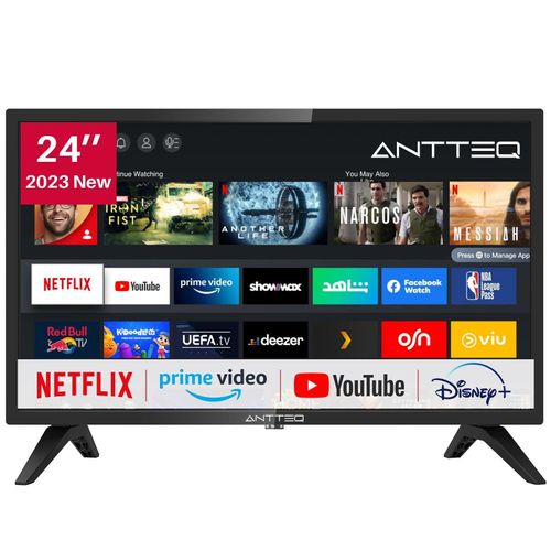 AntteQ AV24H3 Fernseher 24 Zoll (60 cm) Smart TV mit Netflix, Prime Video, Rakuten TV, DAZN, Disney+, YouTube, UVM, WiFi, Triple-Tuner DVB-T2 / S2 / C