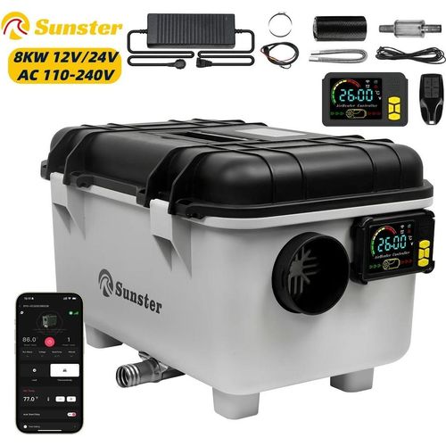 Diesel-Luftstandheizung - Parkheizung 8 kW - 12V/24V und 220V - LCD, Bluetooth App und Fernbedienung - Höhenmodus bis 5500 m - 6 l Tank - Schwarz