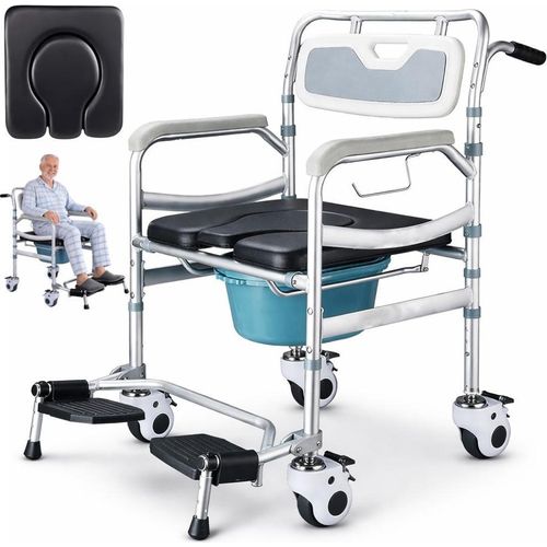 Multifunktionaler 5-in-1-WC-Sitz, fahrbares WC, Linomag®, abnehmbarer Aufsatz, Duschsitz, für Senioren oder Personen mit eingeschränkter Mobilität, wasserdicht, hellgrau/schwarz