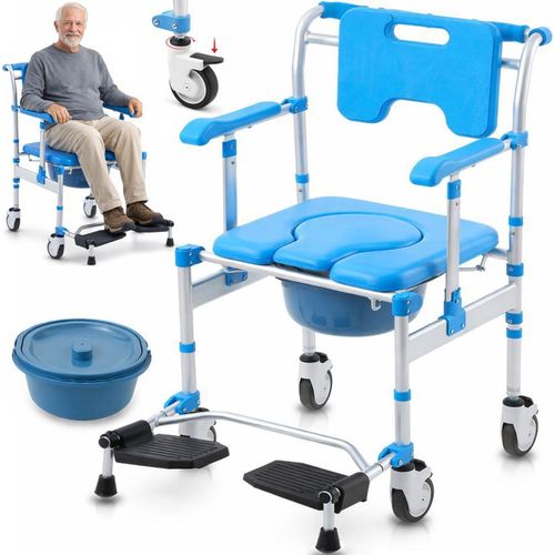 Toilettensitz mit Rollen, Linomag®, abnehmbarer Toilettensitz, Duschsitz, klappbare Armlehnen, für Senioren oder Personen mit eingeschränkter Mobilität, wasserdicht, blau